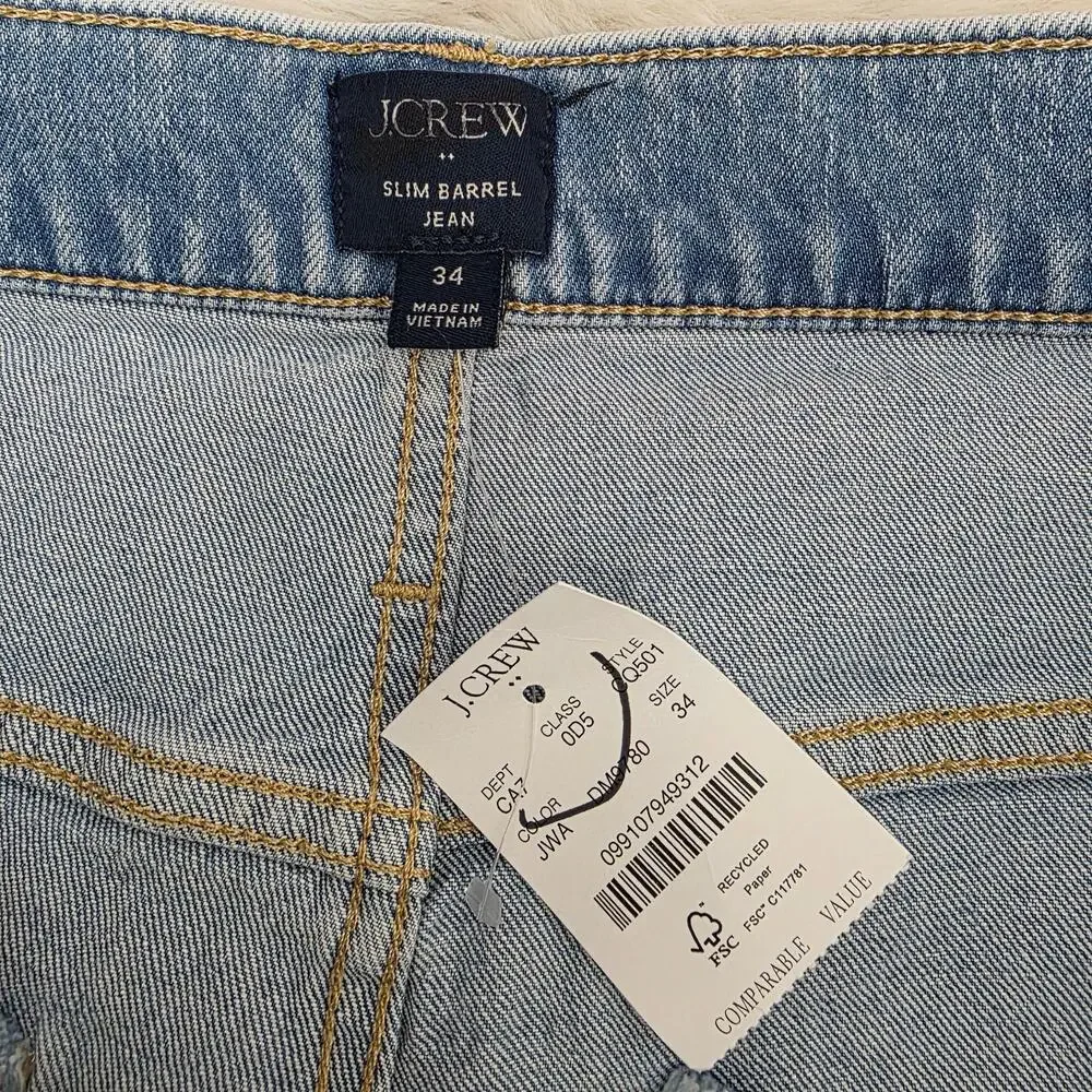 J.Crew Barrel Leg Jeans Jeanne Wash All Day Stretch NWT Size 34 CQ501